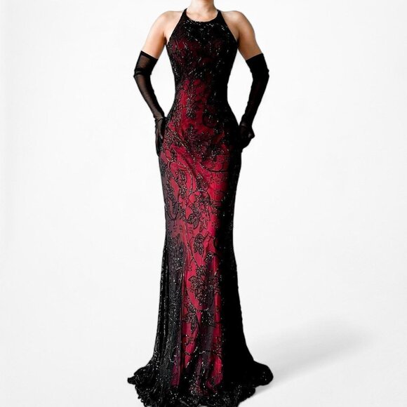 Vintage Burgundy Red Floral Beaded Silk Bodycon Maxi Formal Prom Dress Size S/M - Picture 3 of 8